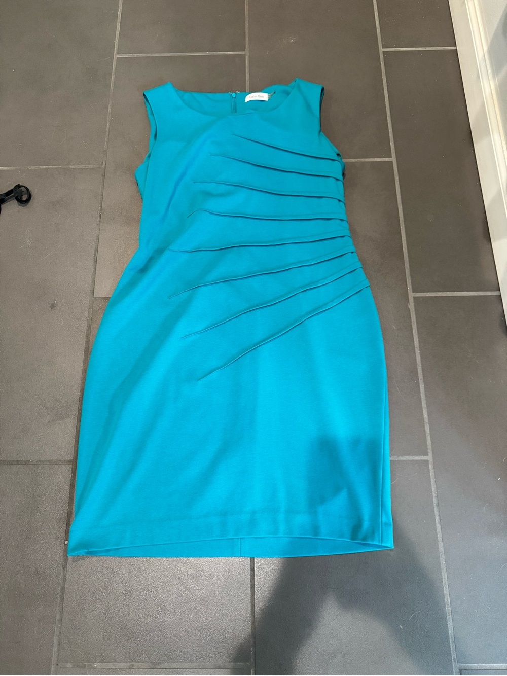 Calvin Klein Teal Sleeveless Sheath Dress with Diagonal Pleats